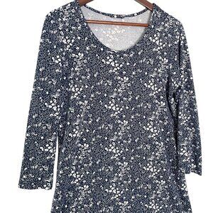 Lands End Long Sleeve Nightgown Medium M Navy Blue White Floral 100% Cotton